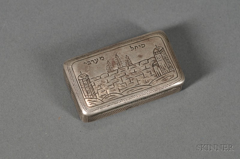 Appraisal: Silver Snuff Box with Kotel Scene marked rectangular hinged box