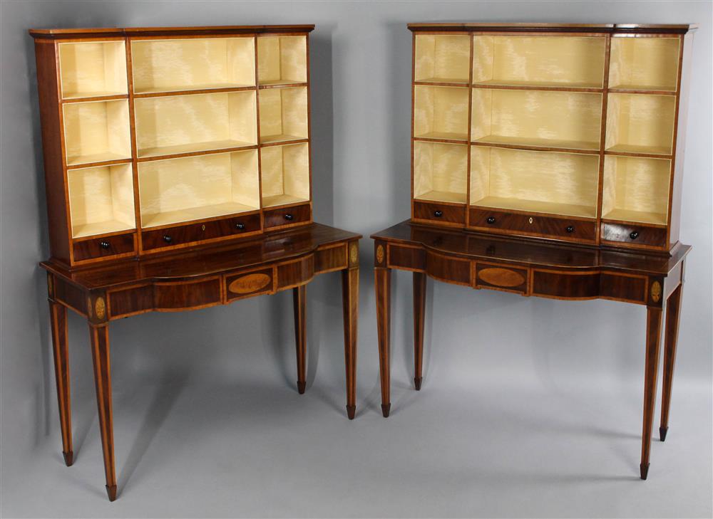 Appraisal: PAIR OF NEOCLASSICAL STYLE INLAID MAHOGANY VITRINES in two sections