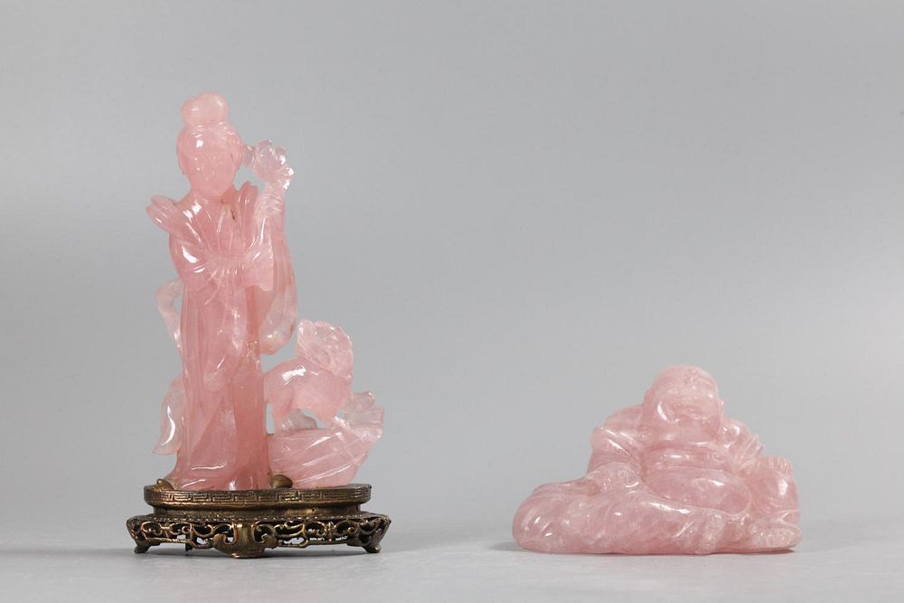 Appraisal: Chinese rose quartz carvings of immortals taller overall with base