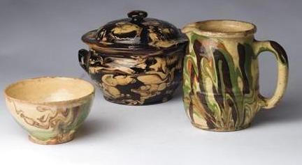 Appraisal: THREE FRENCH JASPE GLAZED EARTHENWARE WARES - Comprising a bowl