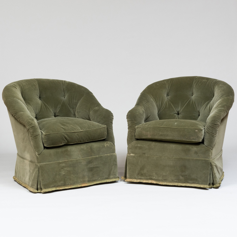 Appraisal: PAIR OF GREEN VELVET TUFTED UPHOLSTERED SWIVEL TUB CHAIRS x