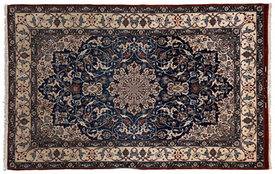 Appraisal: Isfahan silk rug ivory central medallion flanked by intertwined vines