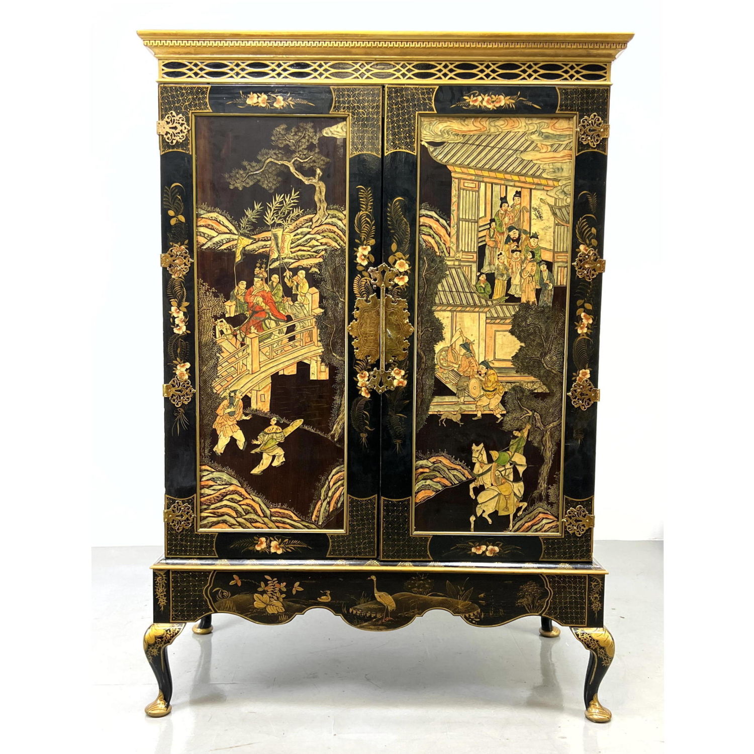 Appraisal: Ebonized Asian Scenic Two Door Cabinet Ornate brass hinges Separate