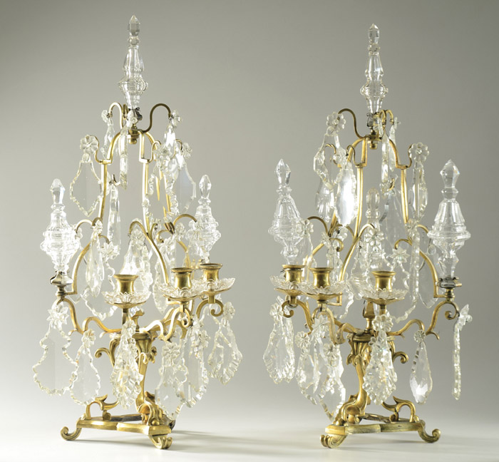 Appraisal: PAIR FRENCH GILT BRONZE ROCK CRYSTAL CANDELABRA from the late