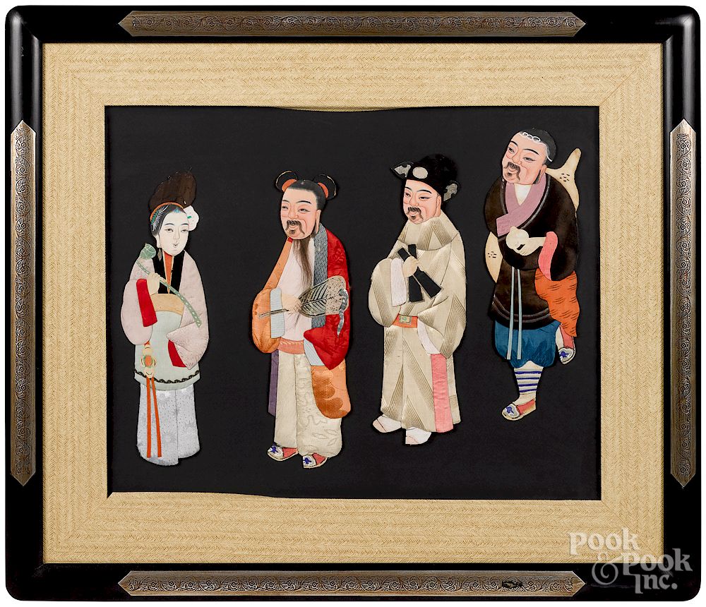 Appraisal: Four Chinese painted silk figural cards Four Chinese painted silk