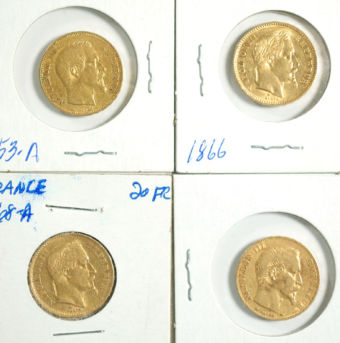 Appraisal: FOUR FRENCH TWENTY FRANCS GOLD COINS all Napoleon III type