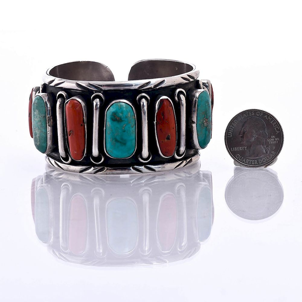 Appraisal: NATIVE AMERICAN SILVER CORAL TURQUOISE CUFF C approx weight g