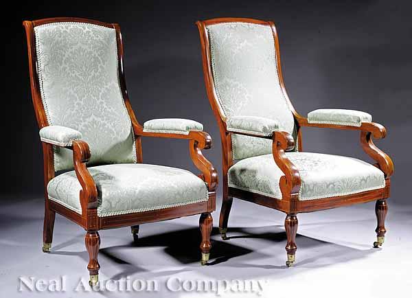 Appraisal: A Pair of Restauration Inlaid Mahogany Fauteuils Voltaire c tall