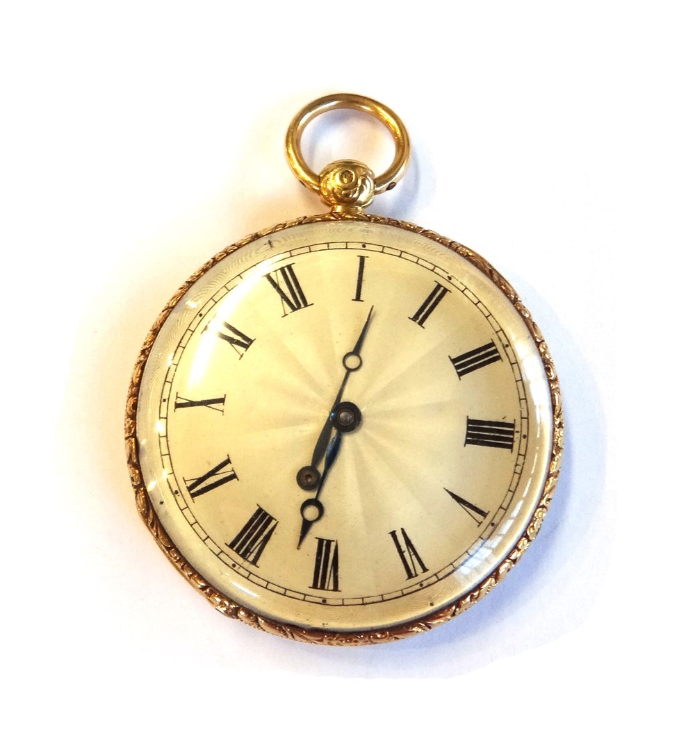 Appraisal: A gold cased key wind openfaced fob watch with an