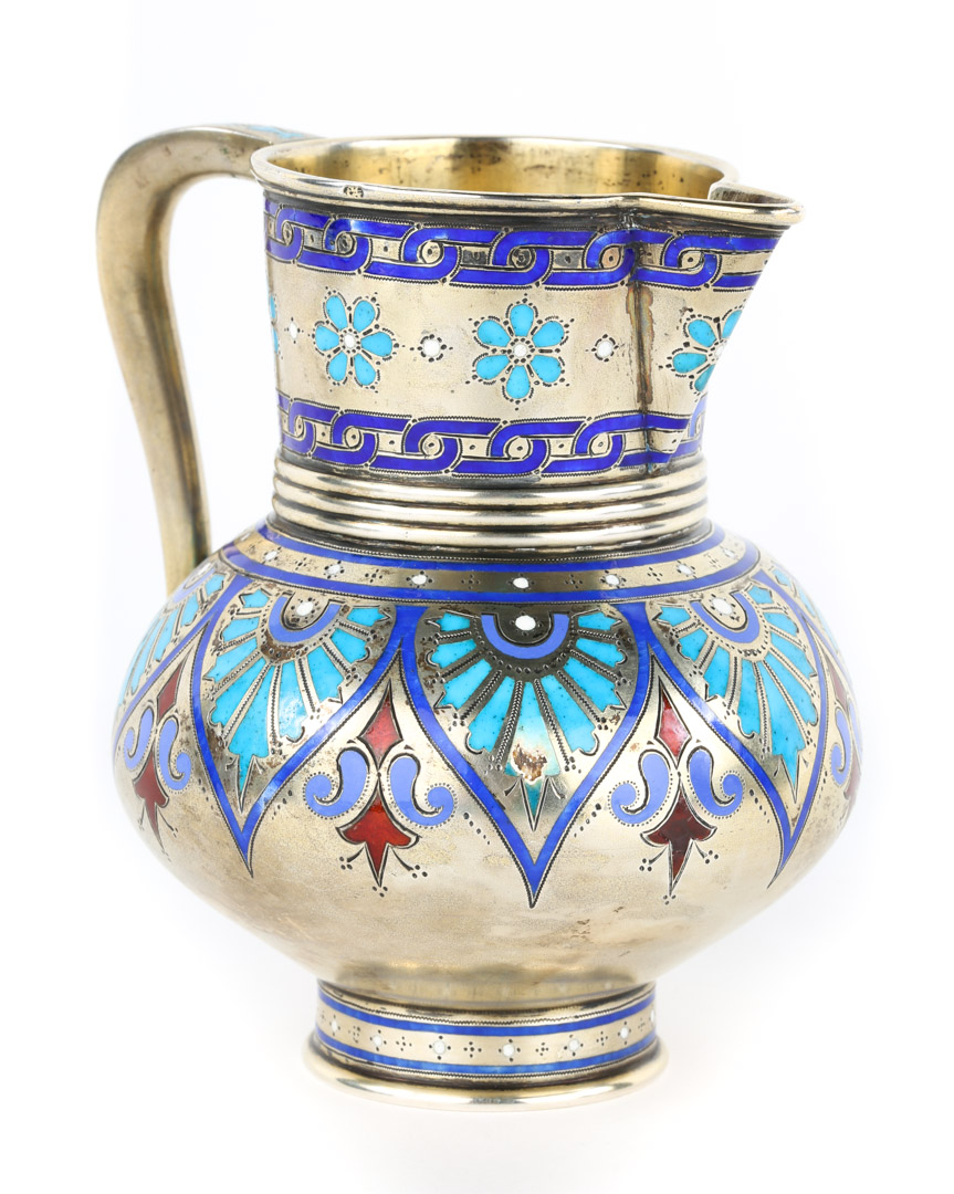 Appraisal: Russian champleve enamel silver-gilt vodka jug maker's mark of Antip