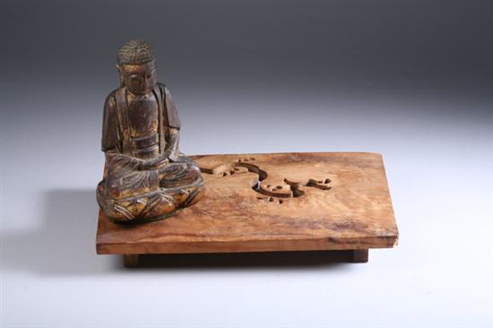 Appraisal: KOREAN POLYCHROME WOOD FIGURE OF BUDDHA AND STAND Seated in