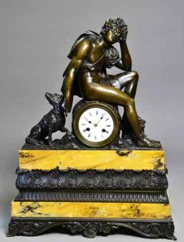 Appraisal: BRONZE MANTLE CLOCK WITH SIENA MARBLE BASEPatinated bronze mantle clock