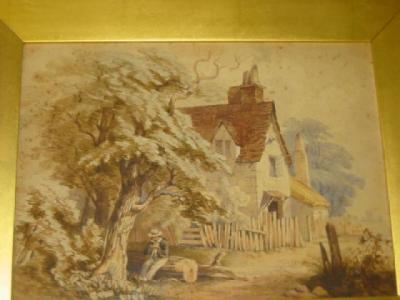 Appraisal: ENGLISH SCHOOL Figure on a Log by a Cottage unsigned