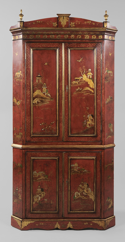 Appraisal: Chippendale Style Chinoisserie- Decorated Corner Cupboard British th century two-case