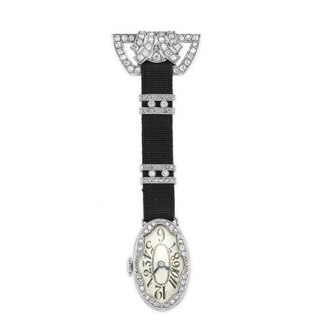 Appraisal: Diamond and Black Grosgrain Ribbon Lapel Watch Estimate -