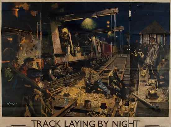 Appraisal: CUNEO Terence TRACK LAYING BY NIGHT British Railways lithograph in