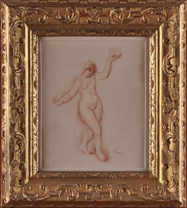 Appraisal: EUROPEAN SCHOOL UNTITLED FEMALE NUDE WITH TAMBORINE Red conte drawing