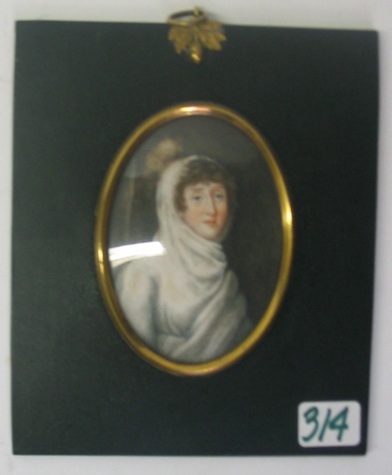 Appraisal: MINIATURE OVAL OIL PAINTING A woman in white robe and