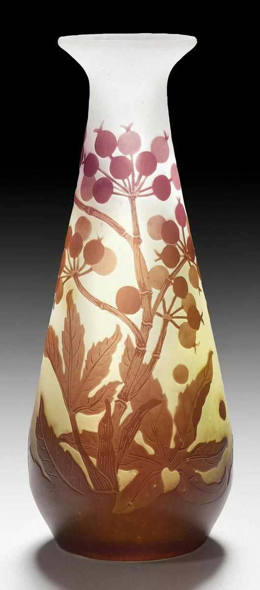 Appraisal: GALL MILE VASE circa Acid-etched white glass with violet overlay