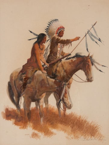 Appraisal: Gerald McCann Indian Scouts oil on paper American b Signed