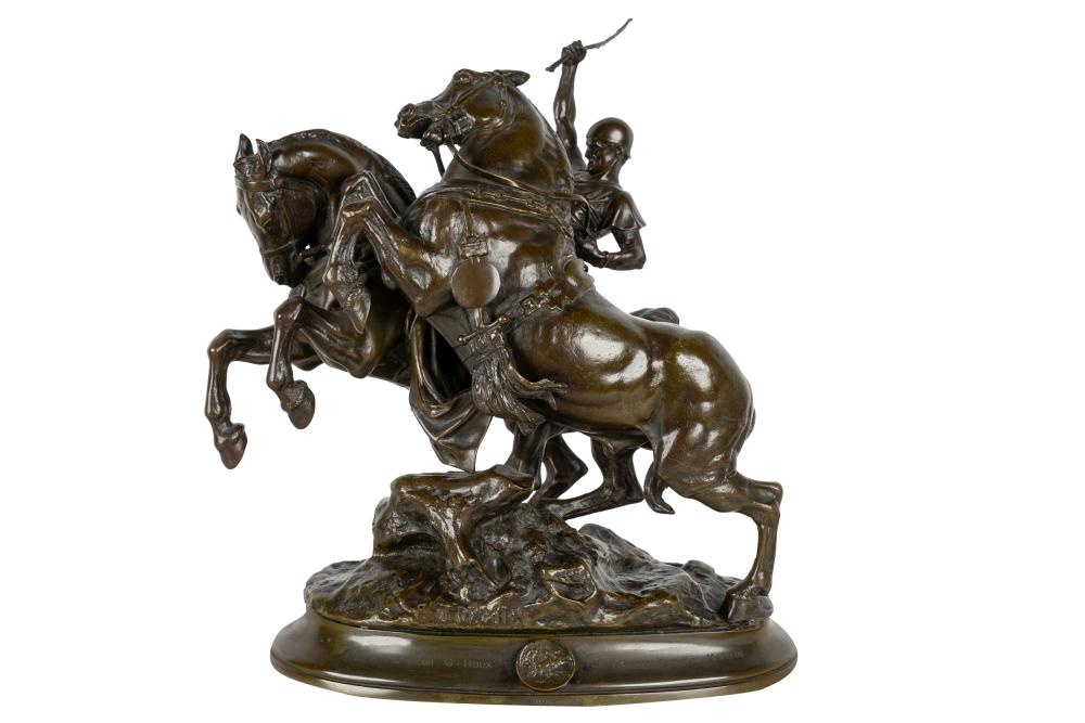 Appraisal: EMMANUEL FREMIET - WARRIOR WITH TWO HORSESbronze with green patina