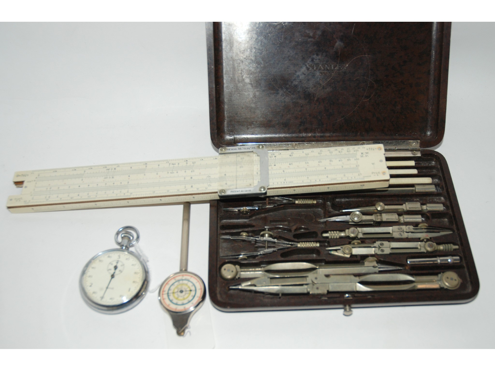 Appraisal: A box of miscellaneous including Smiths stopwatch map measure drawing