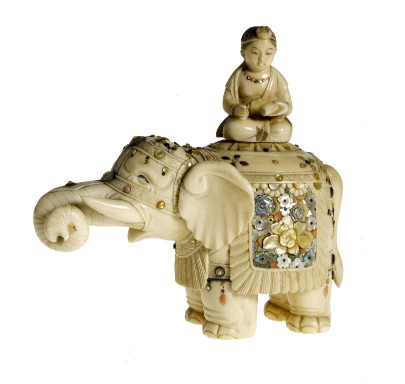 Appraisal: A SHIBAYAMA MODEL OF A RICHLY CAPARISONED ELEPHANT the lidded