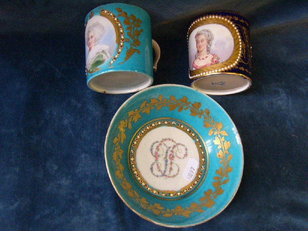 Appraisal: A late th century turquoise ground coffee can and saucer