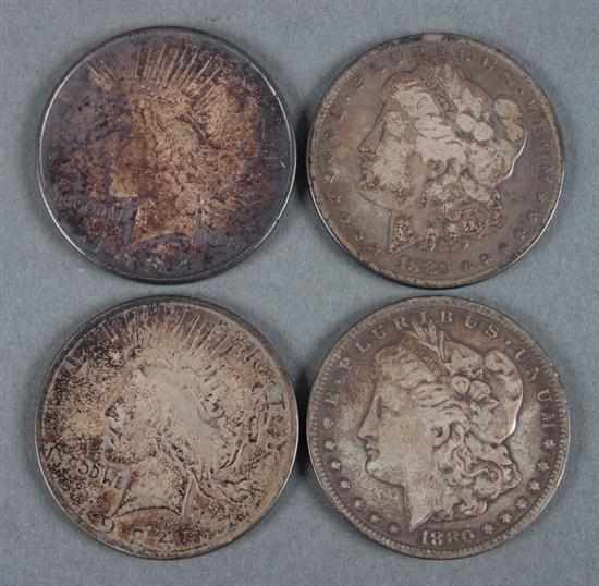 Appraisal: Four United States silver dollars -CC VF- F- AG- and