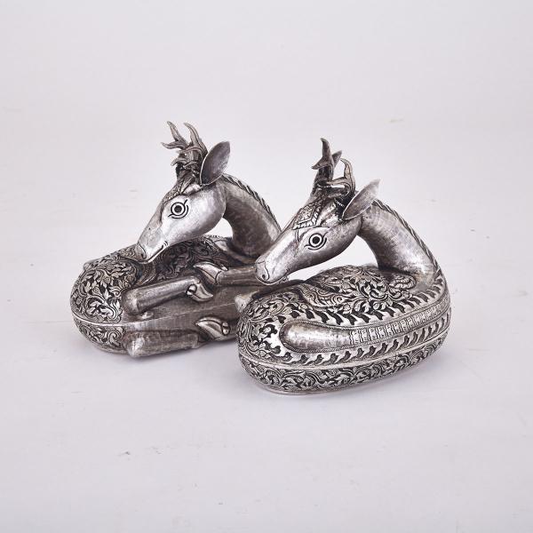 Appraisal: Pair of Burmese Silver Recumbent Deer Form Boxes th Century