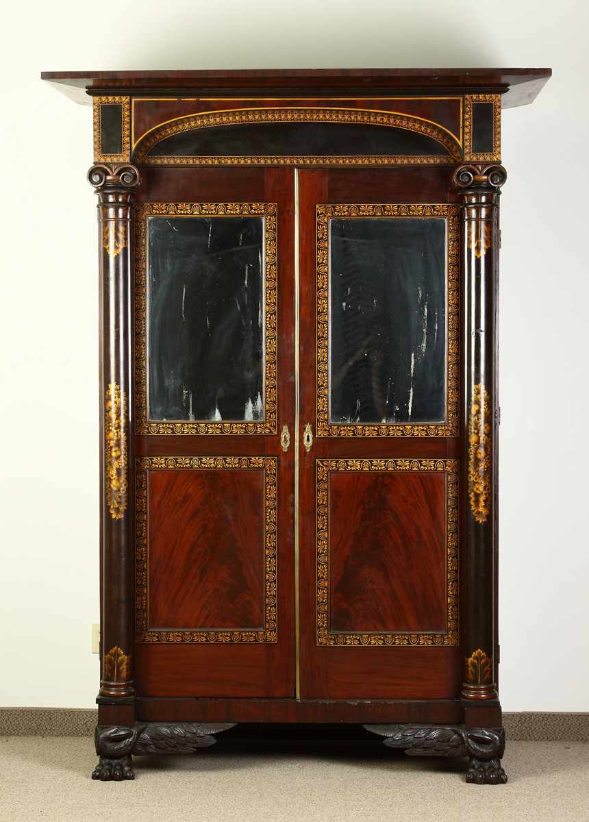 Appraisal: Joseph Meeks NY Figured Mahogany Stenciled -Door Wardrobe Eagle paw