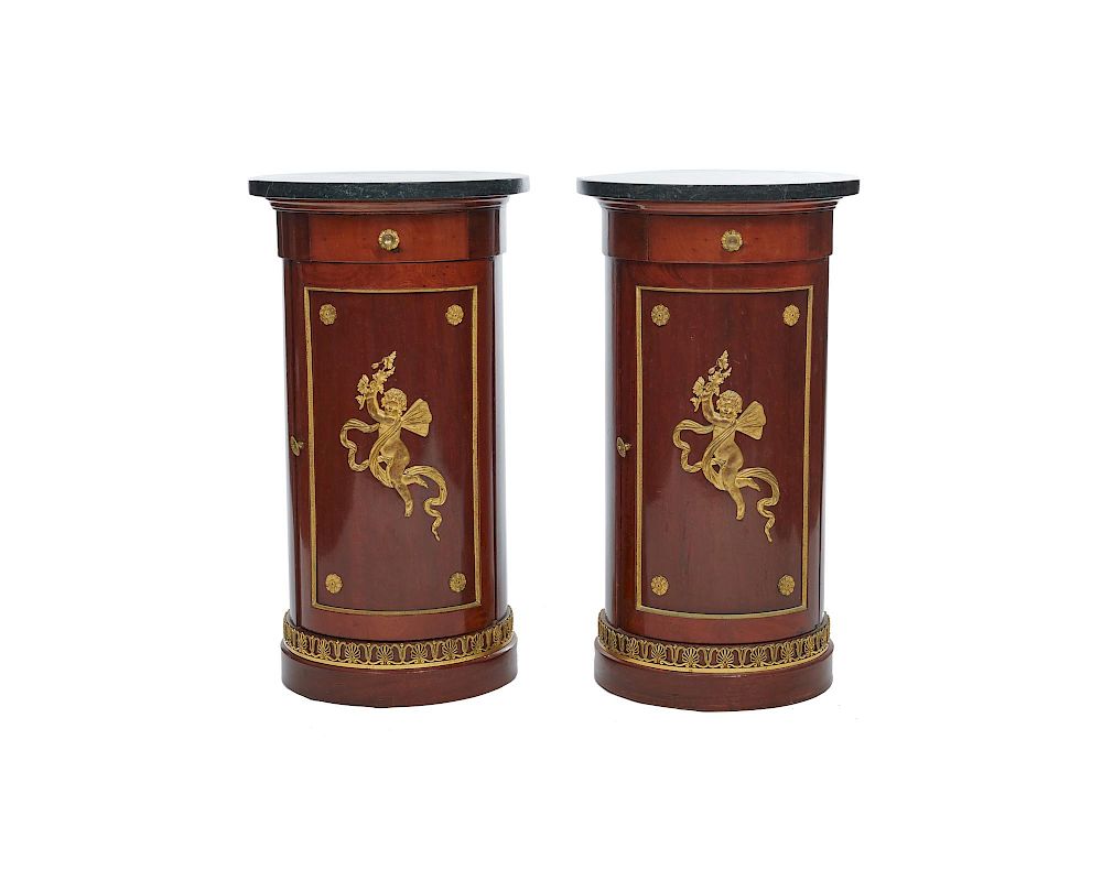 Appraisal: Pair of Empire Ormolu Mounted Marble Top Cylinder Side Cabinets