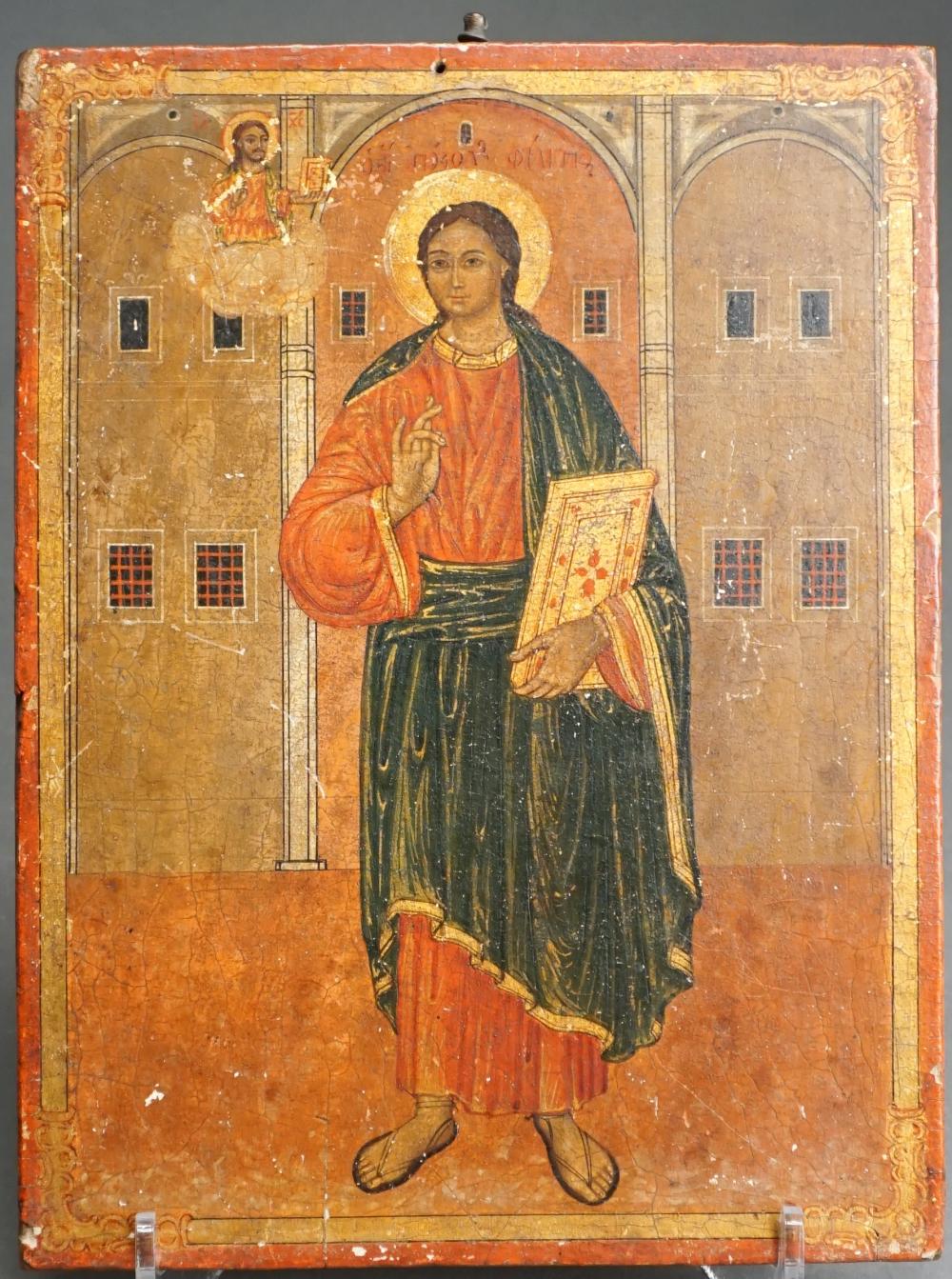 Appraisal: Greek Icon of a Saint Holding a Bible x in