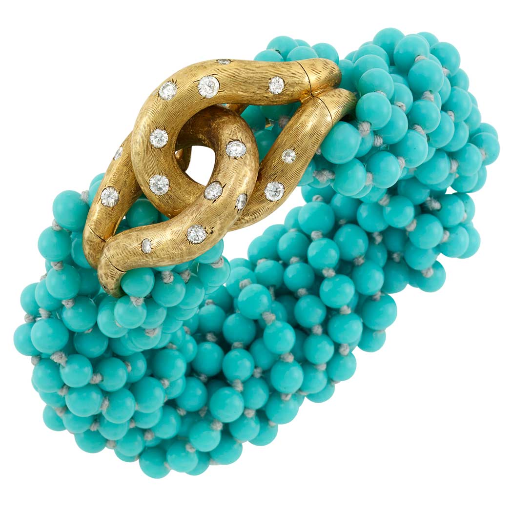 Appraisal: Ten Strand Turquoise Bead Torsade Bracelet with Gold and Diamond