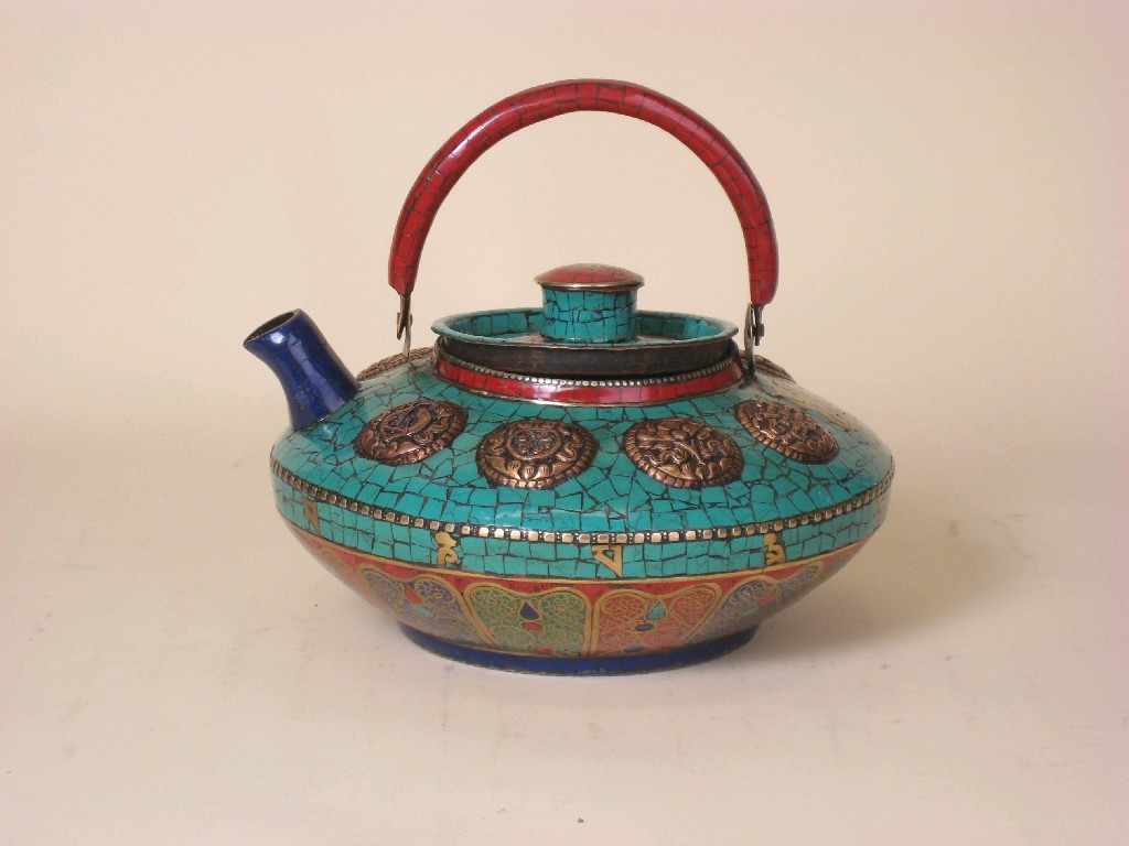 Appraisal: A Chinese copper Teapot applied coloured design