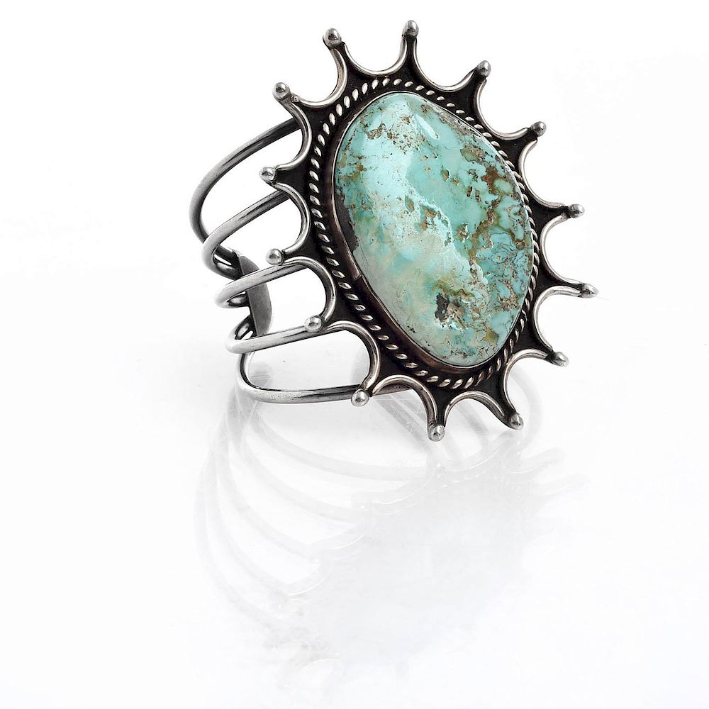 Appraisal: NATIVE AMERICAN TRIBAL TURQUOISE SILVER BRACELET Large central turquoise stone