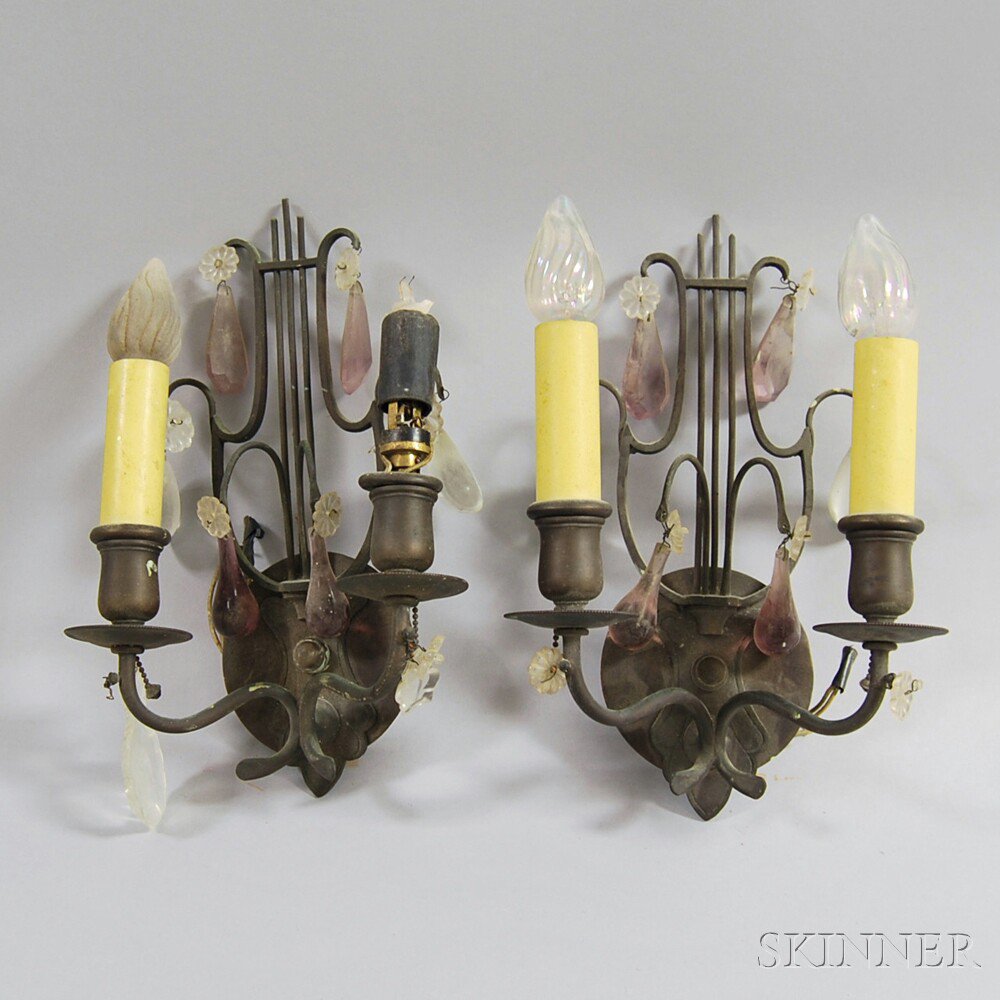 Appraisal: Pair of Louis XVI-style Lyre-back Two-light Wall Sconces ht wd