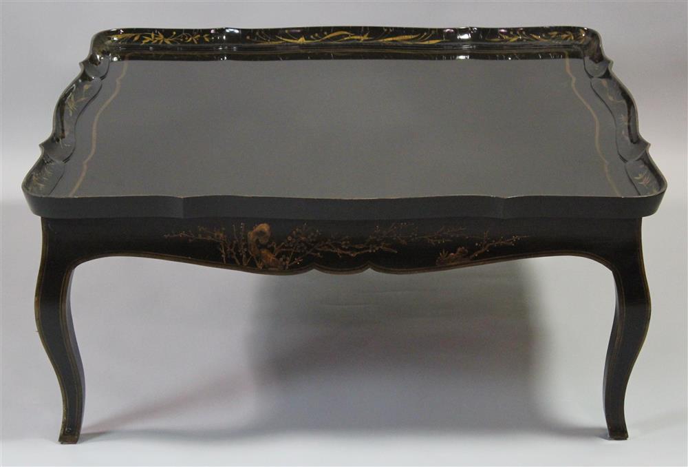 Appraisal: CHINOISERIE DECORATED BLACK LACQUER COFFEE TABLE recessed top with gold