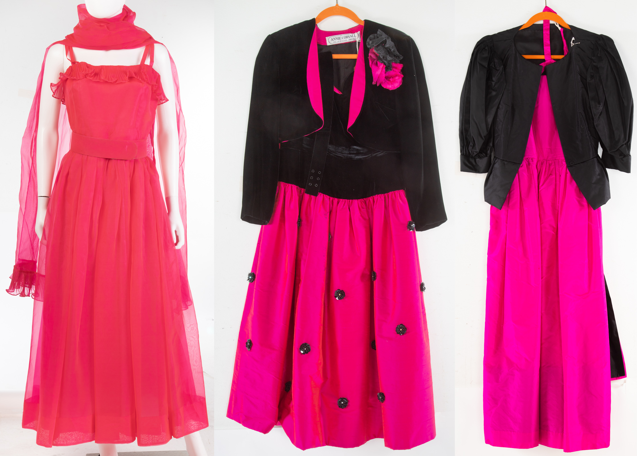 Appraisal: THREE BRIGHT PINK EVENING DRESSES