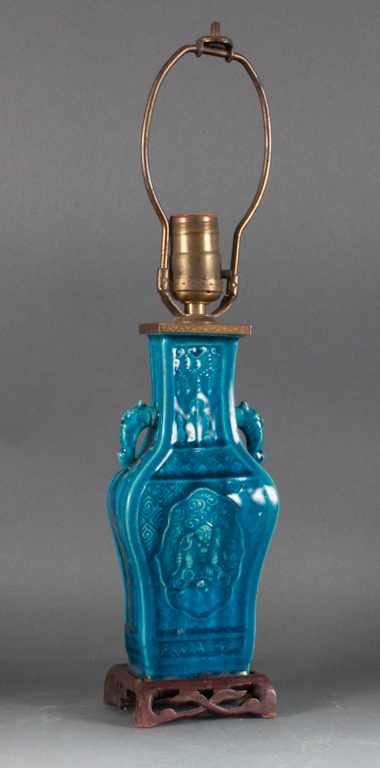 Appraisal: Chinese blue glazed porcelain vase mounted as a lamp th