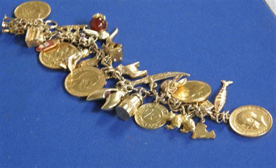 Appraisal: Gold charm bracelet with assorted charms and coins approximate weight