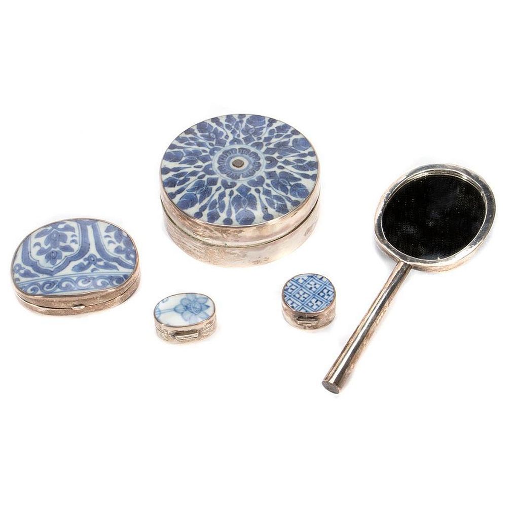 Appraisal: Sterling and Porcelain Dressing Table Set The sterling mounted blue