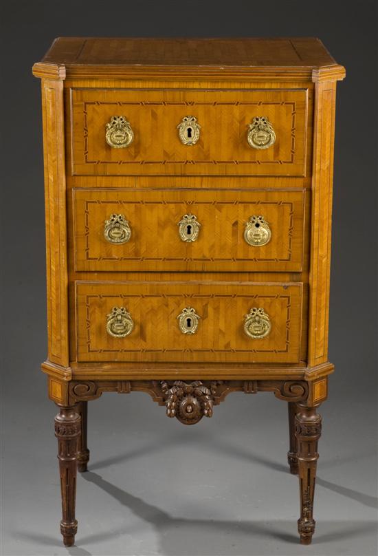 Appraisal: Louis XVI style three drawer parquetry inlaid chest th century