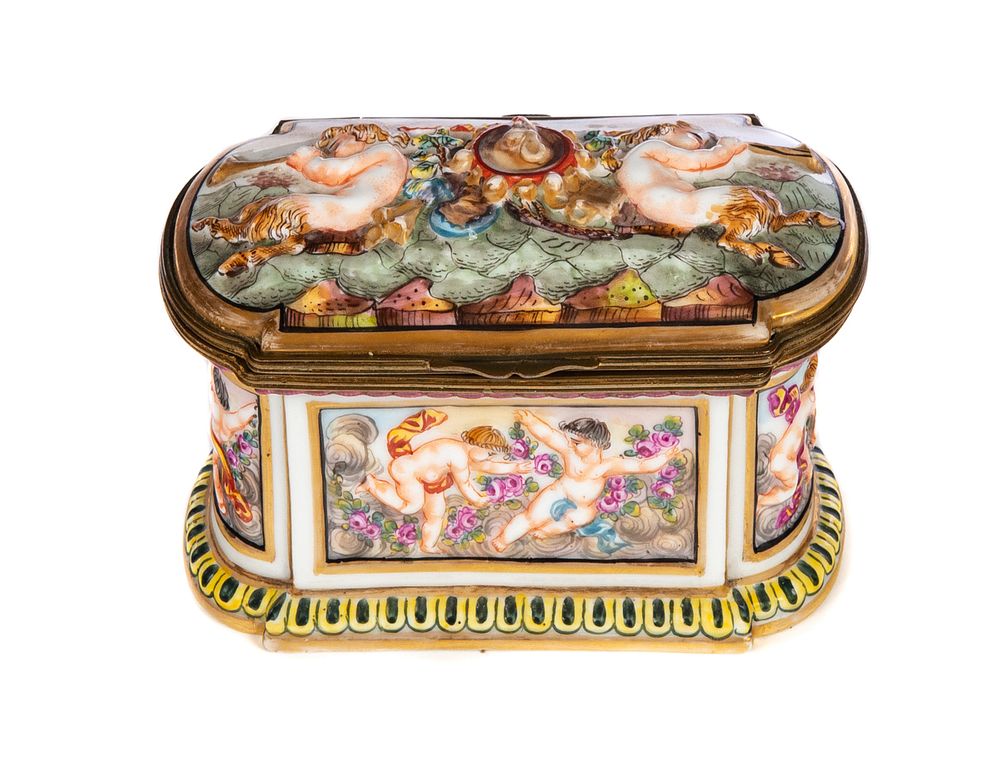 Appraisal: Capodimonte Porcelain Box cherubs playing Capodimonte Porcelain Box cherubs playing