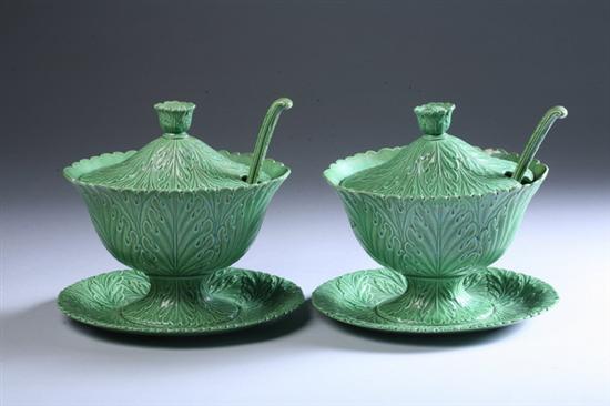 Appraisal: PAIR STAFFORDSHIRE CABBAGE LEAF SAUCE TUREENS late th century Oval