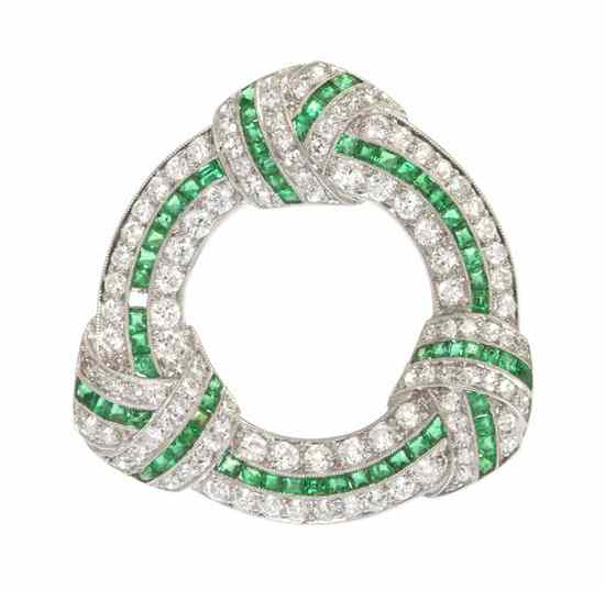 Appraisal: An Art Deco Platinum Emerald and Diamond Circle Brooch containing