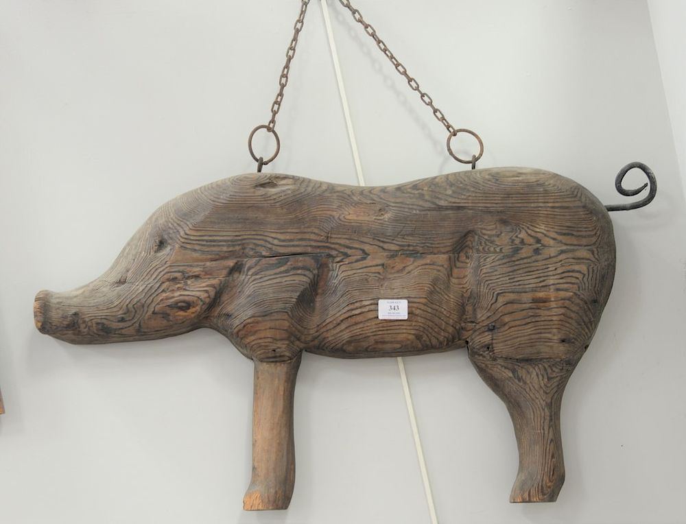 Appraisal: Pig wooden store sign with iron tail ht in lg