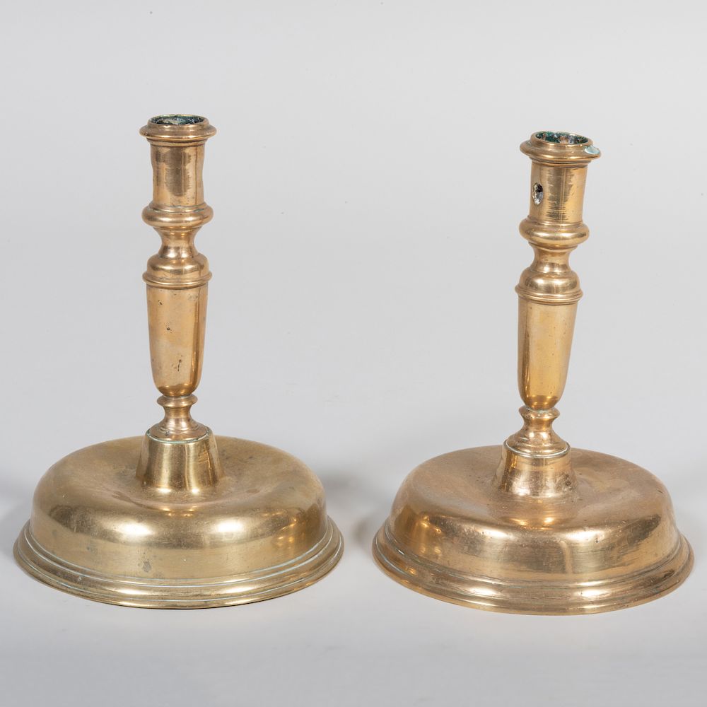 Appraisal: Pair of Continental Brass Candlesticks x in diam Condition Wear