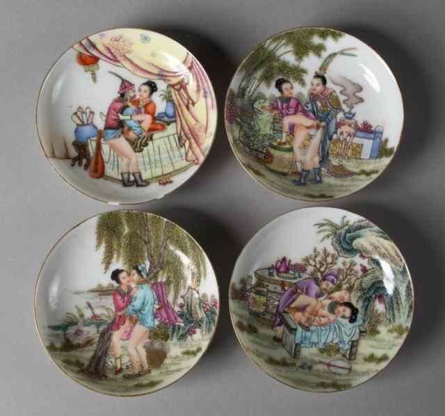 Appraisal: Chinese Famille Rose Erotic DishesSmall scale dishes each depicting a