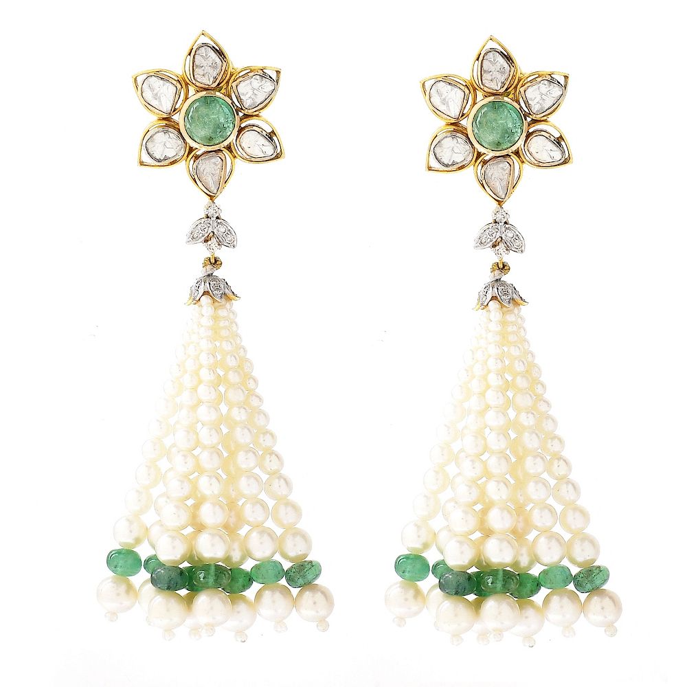 Appraisal: Vintage Diamond Emerald and Pearl Tassel Earrings Vintage Approx Carat